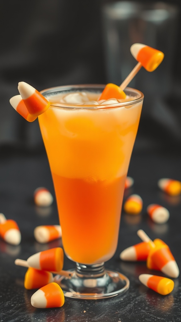 A vibrant Candy Corn Mocktail garnished with candy corn on a dark background.