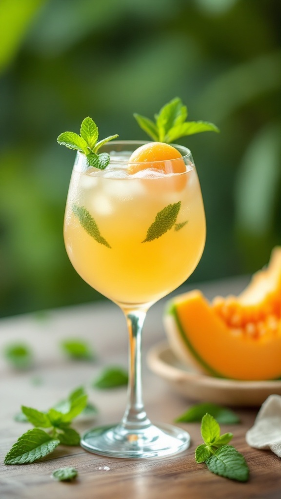 A refreshing cantaloupe mint mocktail in a glass, garnished with mint leaves and a slice of cantaloupe.
