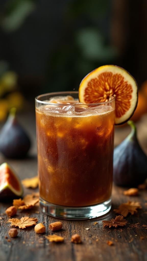 A glass of caramelized fig mocktail garnished with a fig slice.