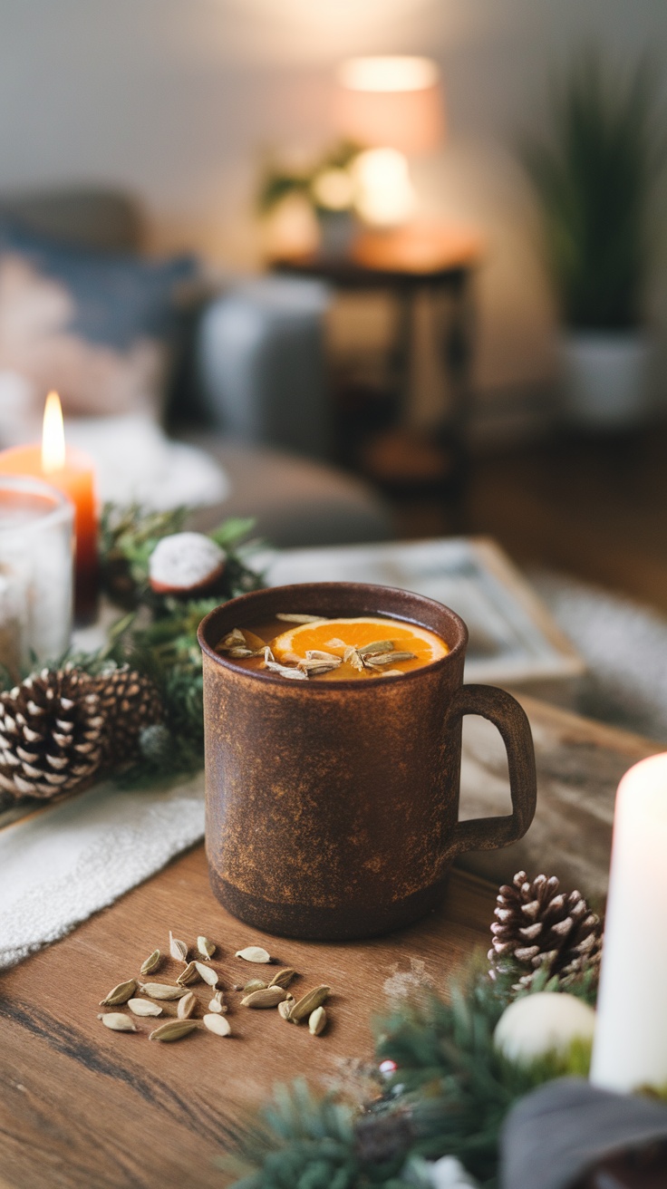 A warm cup of cardamom hot cider with spices on a wooden table