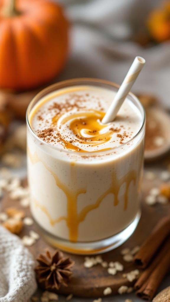 A creamy Cardamom Maple Oat Smoothie topped with a drizzle of maple syrup and surrounded by autumn decor.