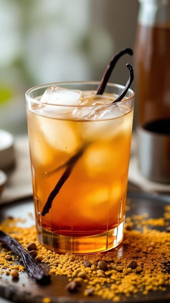 A refreshing Cardamom Vanilla Mocktail in a glass with ice and vanilla pods.