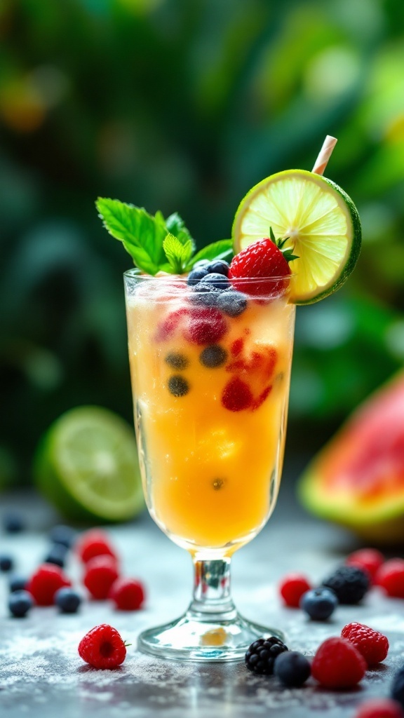 Colorful Caribbean Purple Breeze mocktail with berries and lime garnished.