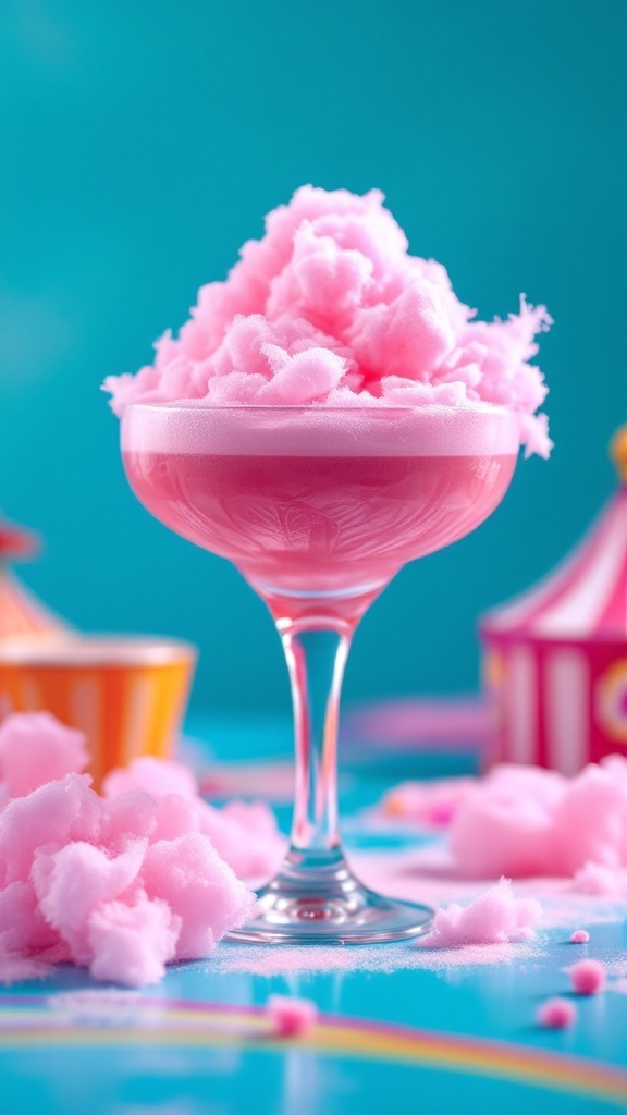 A colorful mocktail topped with fluffy pink cotton candy in a glass