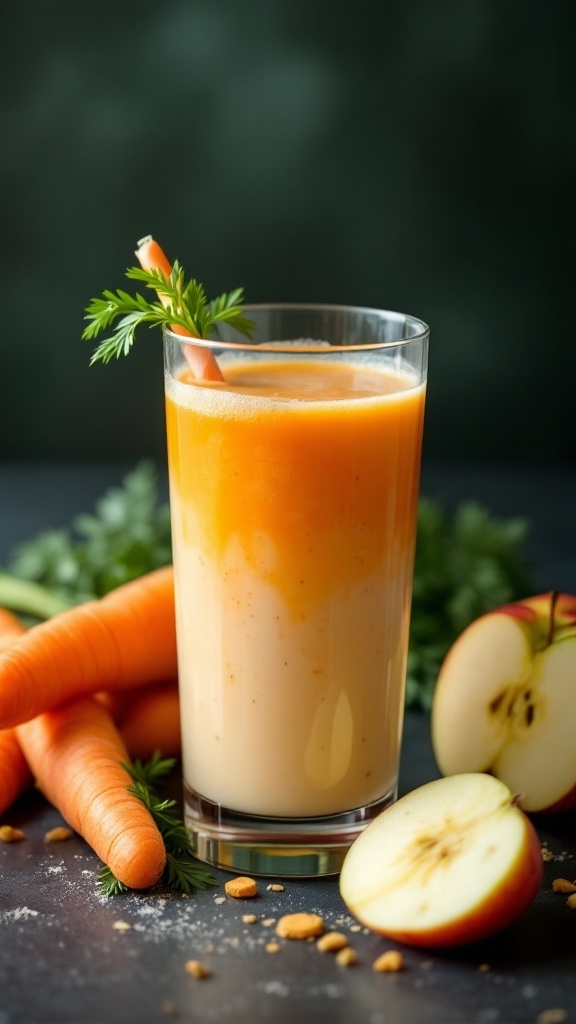 A glass of Carrot-Apple-Ginger juice surrounded by fresh carrots and apples.