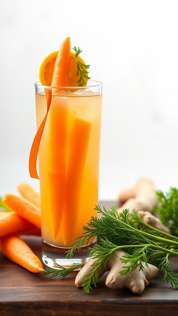 A glass of Carrot-Ginger Fiber Boost Juice with carrots and ginger in the background.