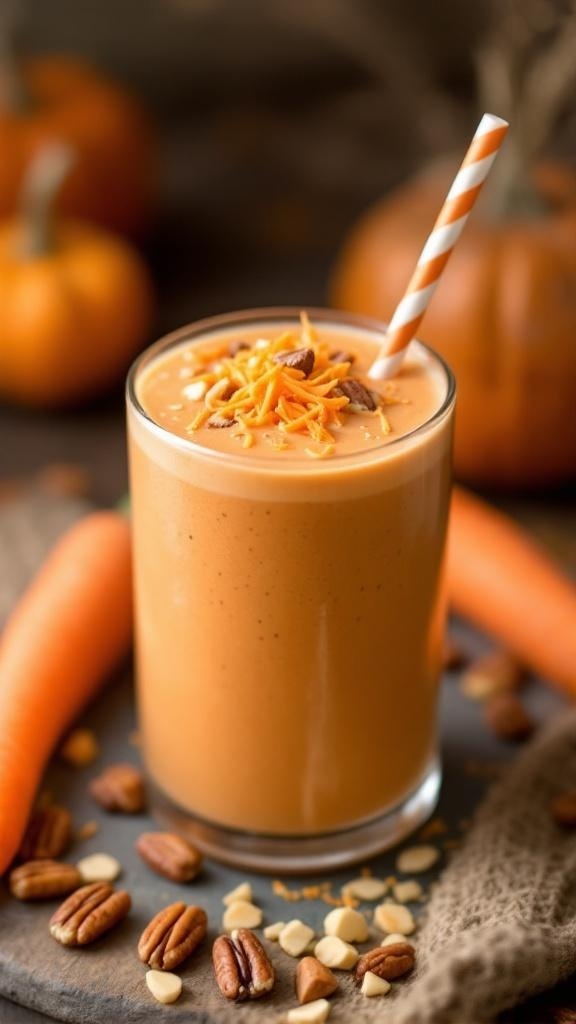 A delicious Carrot Cake Almond Smoothie topped with nuts and carrot shavings.