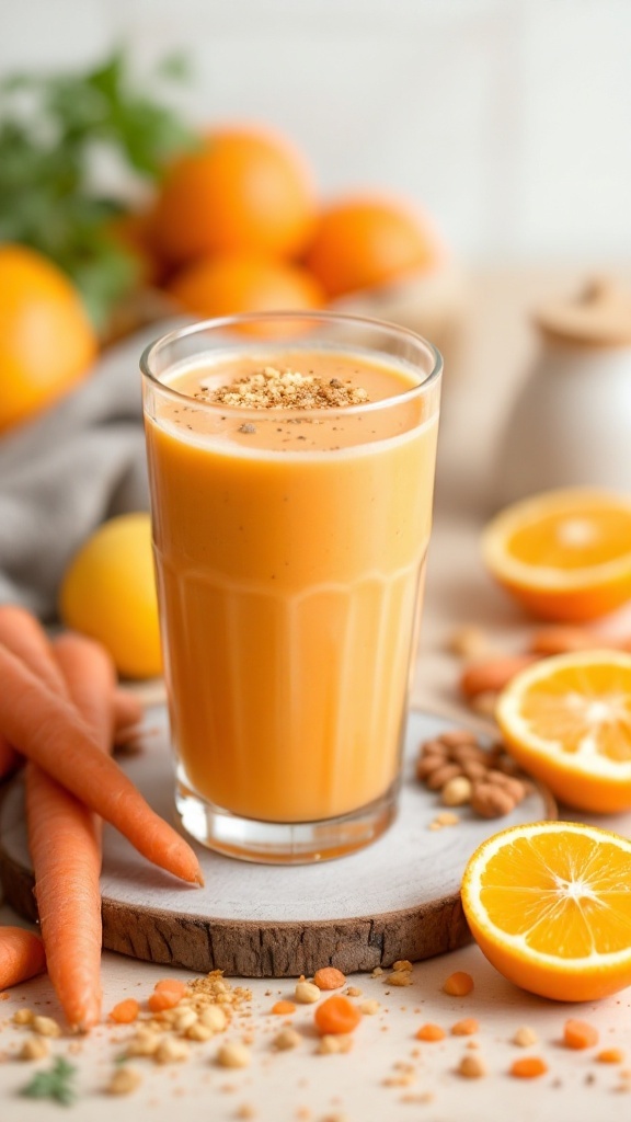A glass of Carrot Orange Fiber Booster Juice surrounded by fresh carrots and oranges.