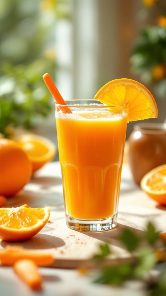 A refreshing glass of Carrot Orange Juice garnished with an orange slice.