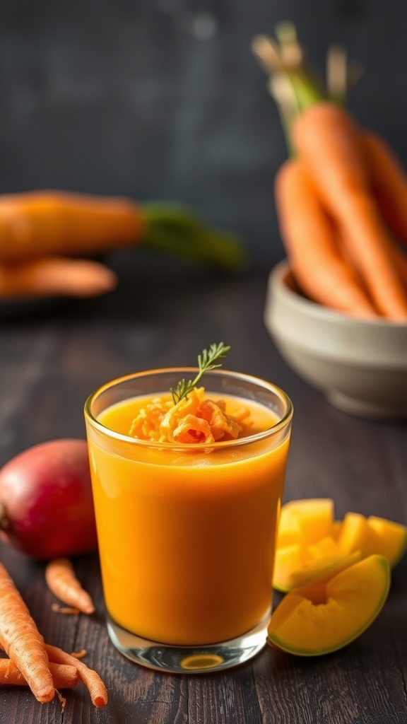 A glass of Carrot-Mango Beta Blend Juice with fresh carrots and mango slices in the background.