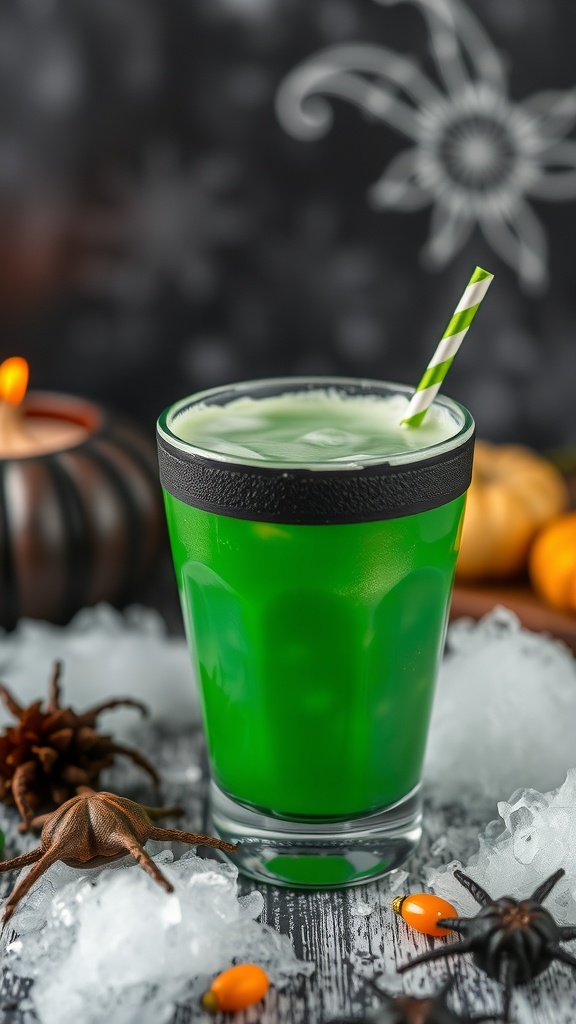 A green Halloween-themed mocktail in a glass with a straw, surrounded by spooky decorations.