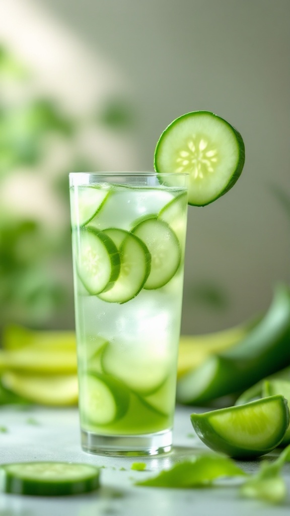 A refreshing glass of celery-cucumber aloe fusion juice with cucumber slices