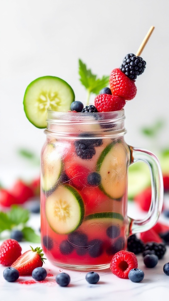 A refreshing jar of Celery-Cucumber Berry Burst Juice with cucumber slices and fresh berries