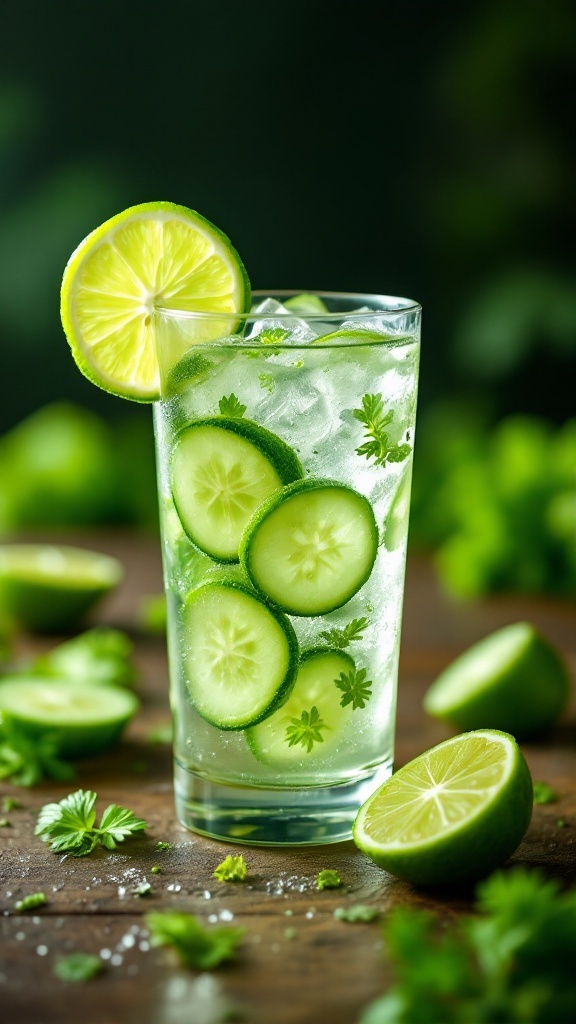 A tall glass of refreshing cucumber-lime juice garnished with lime slices and fresh herbs.