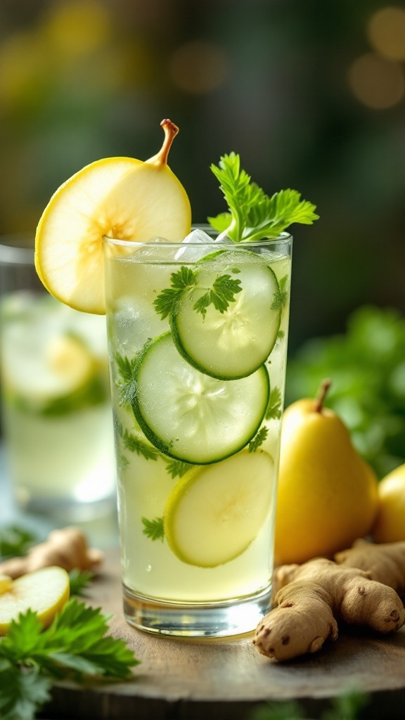 A refreshing glass of celery-cucumber pear ginger juice with slices of cucumber and pear on the rim