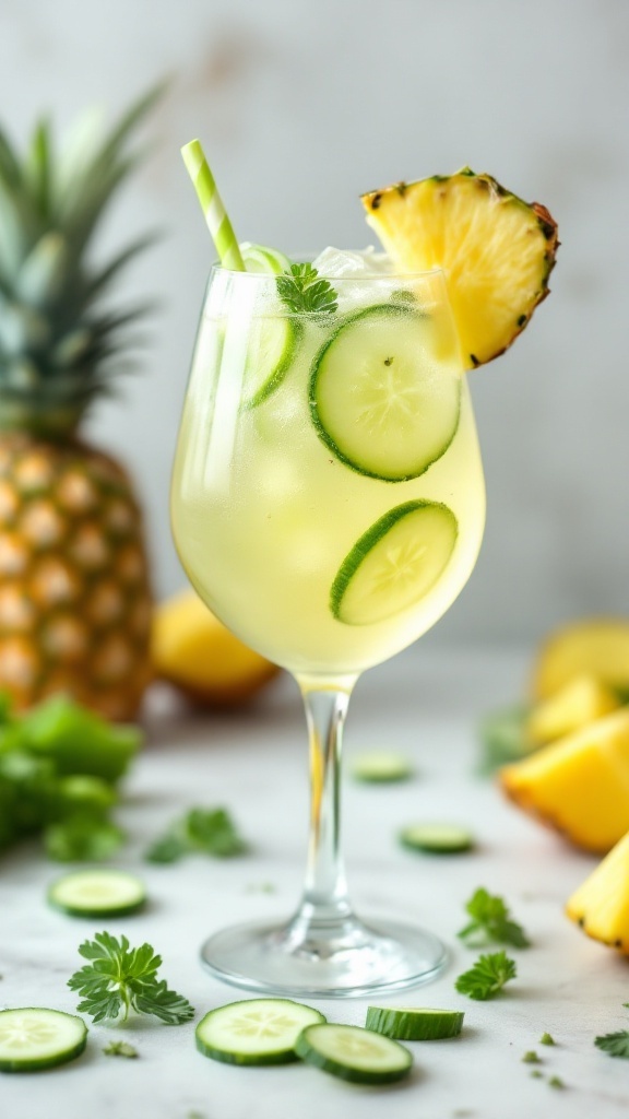 A refreshing glass of celery-cucumber pineapple juice garnished with cucumber slices and pineapple.