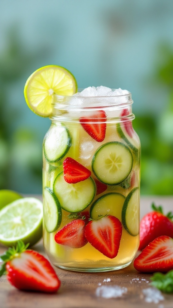 A refreshing jar of celery-cucumber strawberry lime juice with slices of cucumber and strawberry on the top