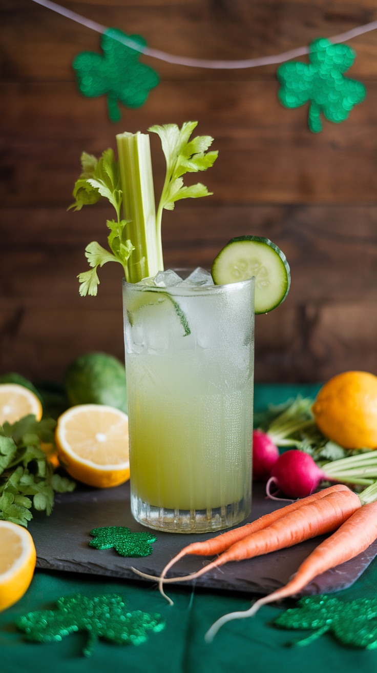 Celery Cucumber Mocktail with fresh ingredients and green decorations for St. Patrick's Day