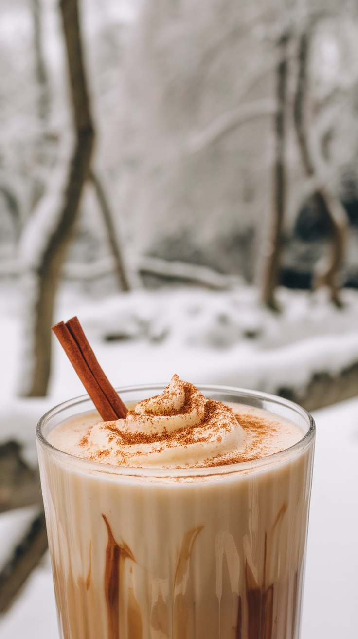 A delicious chai coconut mocktail topped with whipped cream and a cinnamon stick, set against a snowy background.