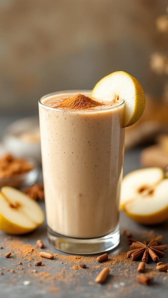 Chai Spiced Pear Delight Smoothie in a glass with pear slices and spices around it.