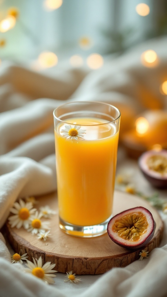 A glass of Chamomile Passion Fruit Relaxation Juice surrounded by flowers and a halved passion fruit.