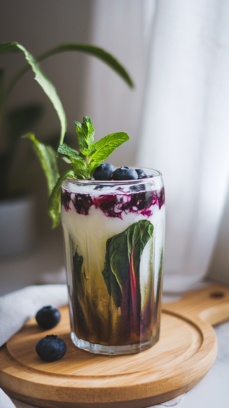 A glass of Chard-Blueberry Mint Juice garnished with mint and blueberries.