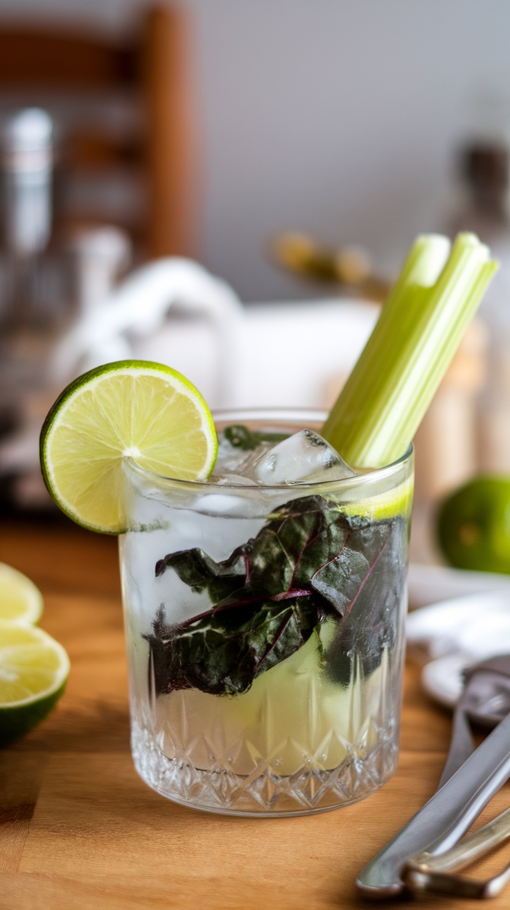 A glass of chard-celery lime zest juice garnished with lime and celery, resting on a wooden table.