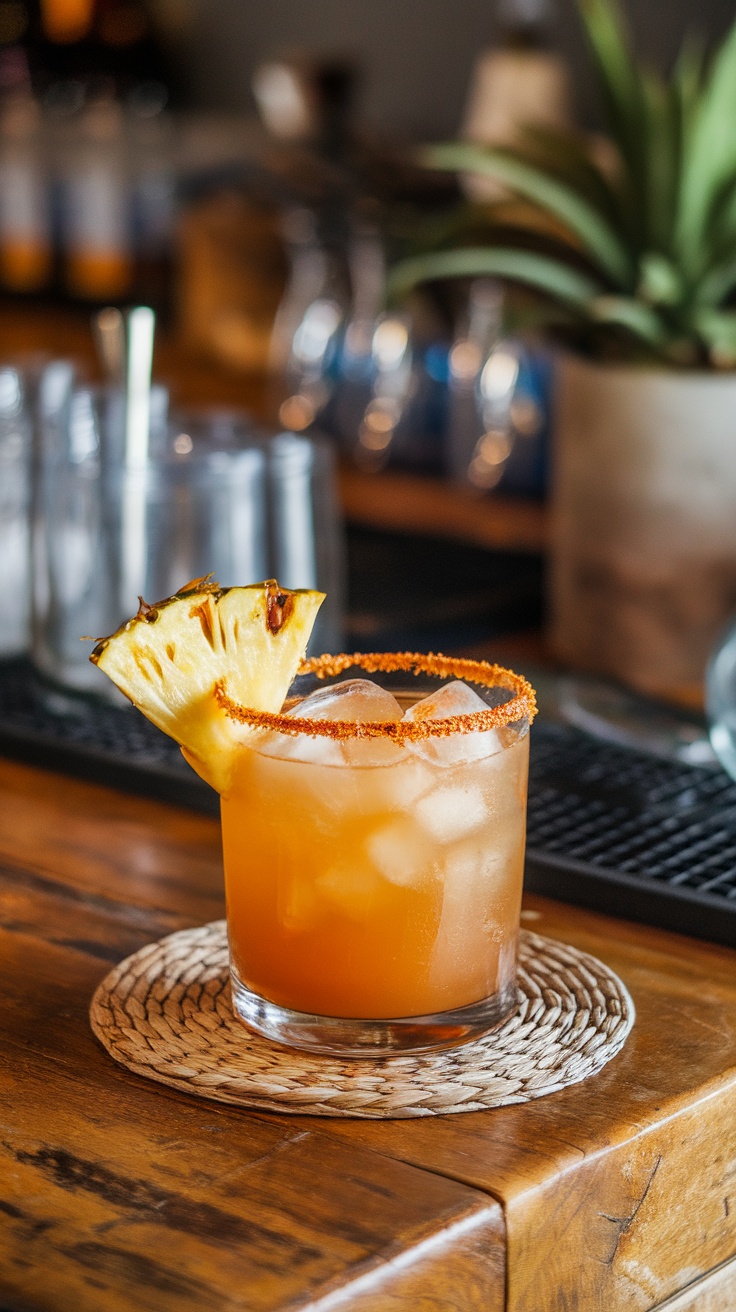 A vibrant charred pineapple margarita mocktail with a slice of pineapple and a spicy rim on a wooden table