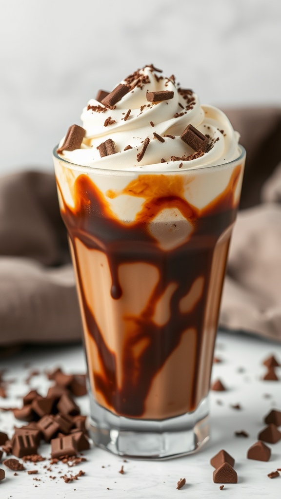 A delicious chocolate cream mocktail topped with whipped cream and chocolate shavings