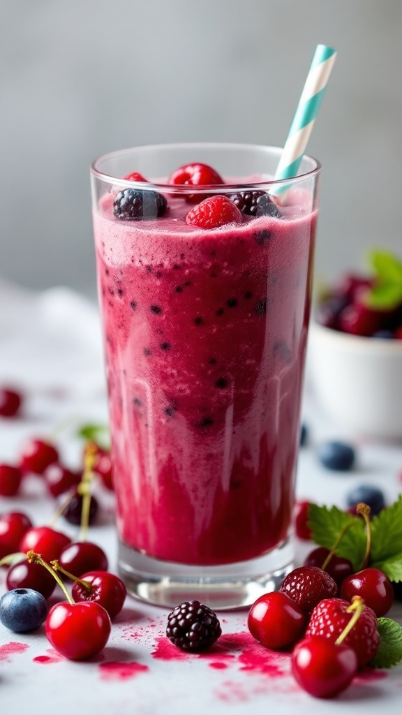 A vibrant Cherry Berry Mocktail in a glass with a straw, surrounded by fresh berries.