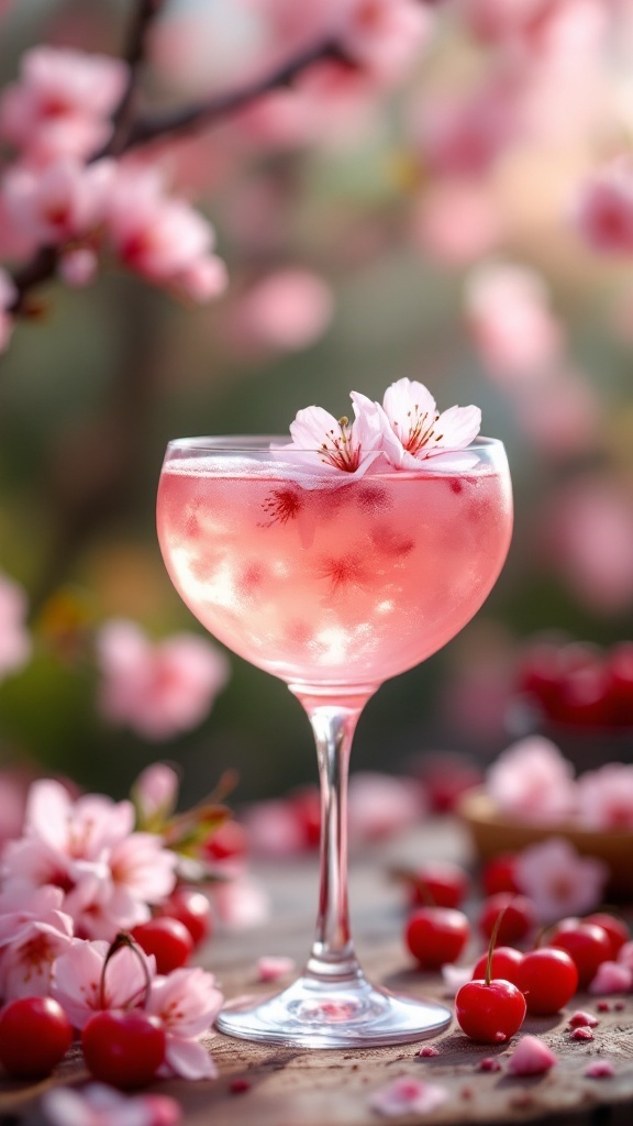 A beautiful Cherry Blossom Fizz mocktail garnished with cherry blossoms and cherries, surrounded by cherry blossoms.