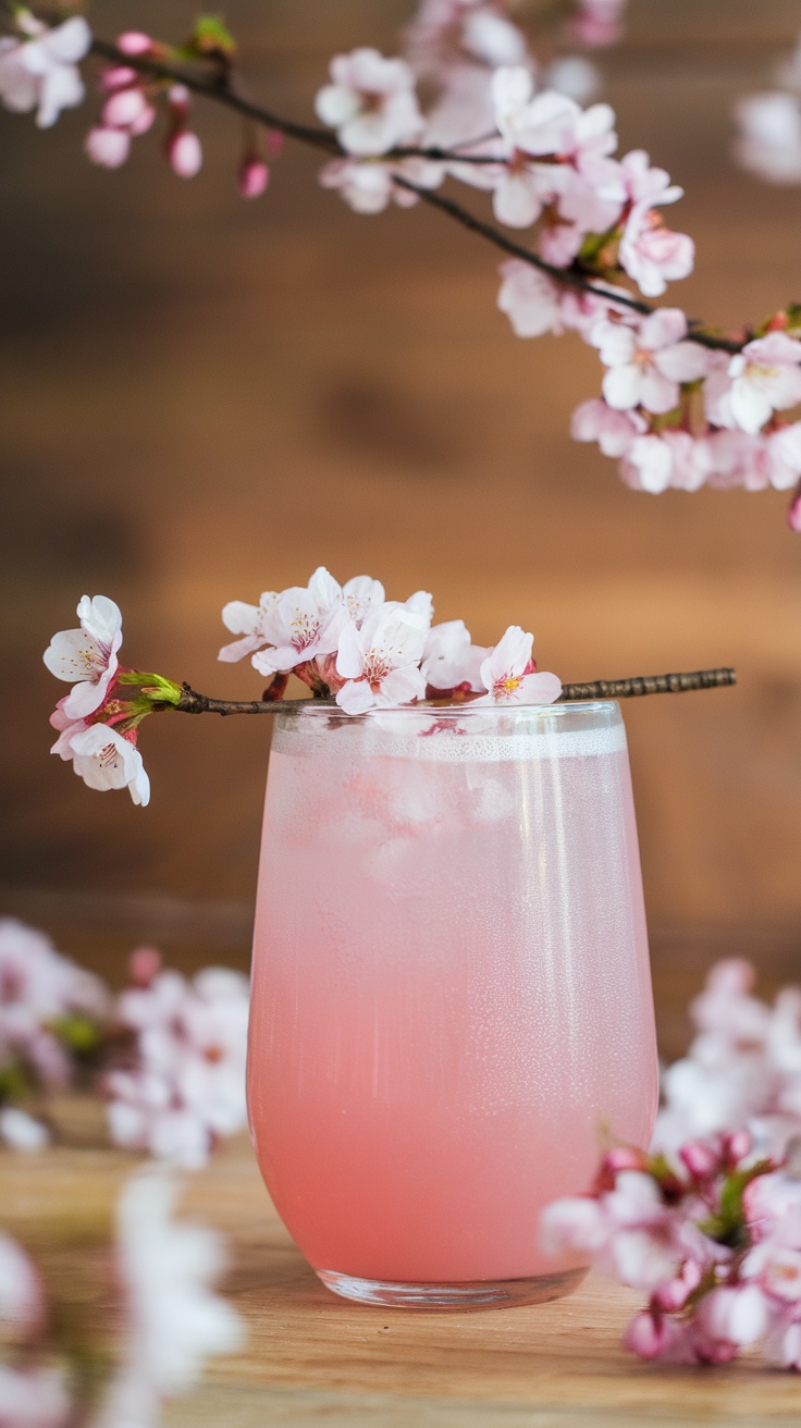 A Cherry Blossom Mocktail in a glass, garnished with cherry blossoms.