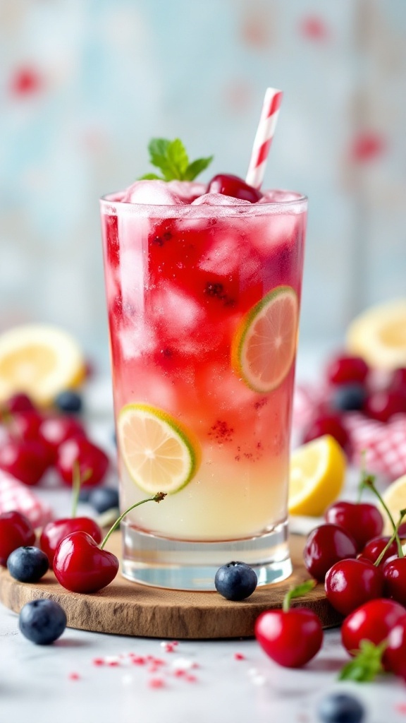 A colorful Cherry Bomb Mocktail garnished with cherries and lemon slices, surrounded by fresh fruit.