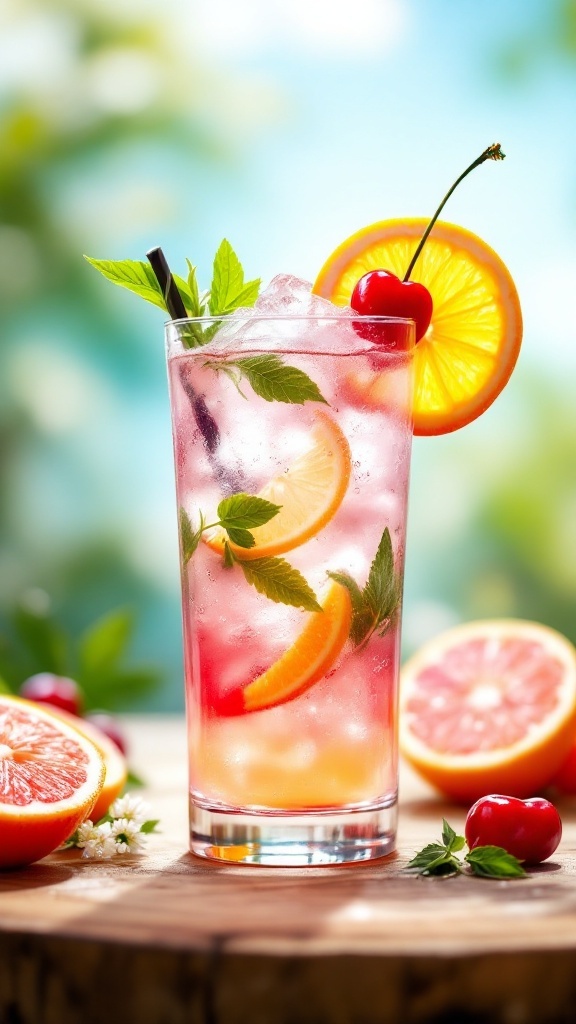 A refreshing Cherry Citrus Twist Mocktail garnished with cherries and orange slices.