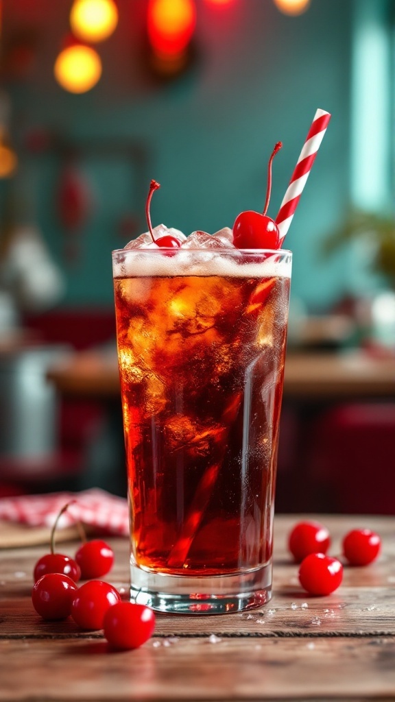 A glass of Cherry Cola Mocktail garnished with cherries and a striped straw