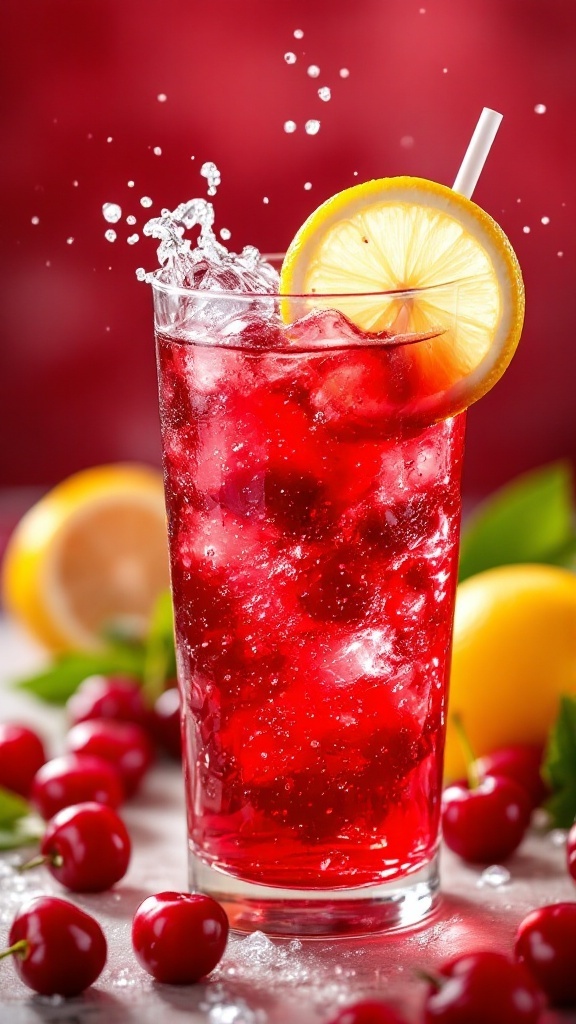 A refreshing Cherry Lemon Mocktail in a glass, garnished with a lemon slice and surrounded by cherries.