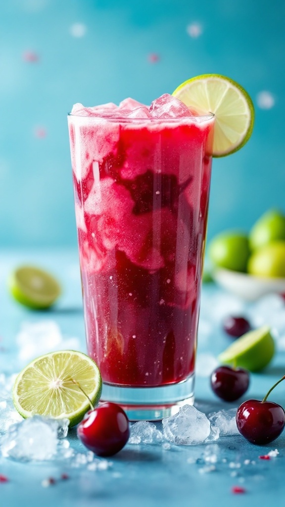 A refreshing Cherry Lime Mocktail in a tall glass with ice.