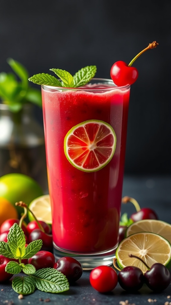 A vibrant Cherry Lime mocktail garnished with mint and a cherry, surrounded by fresh limes and cherries.