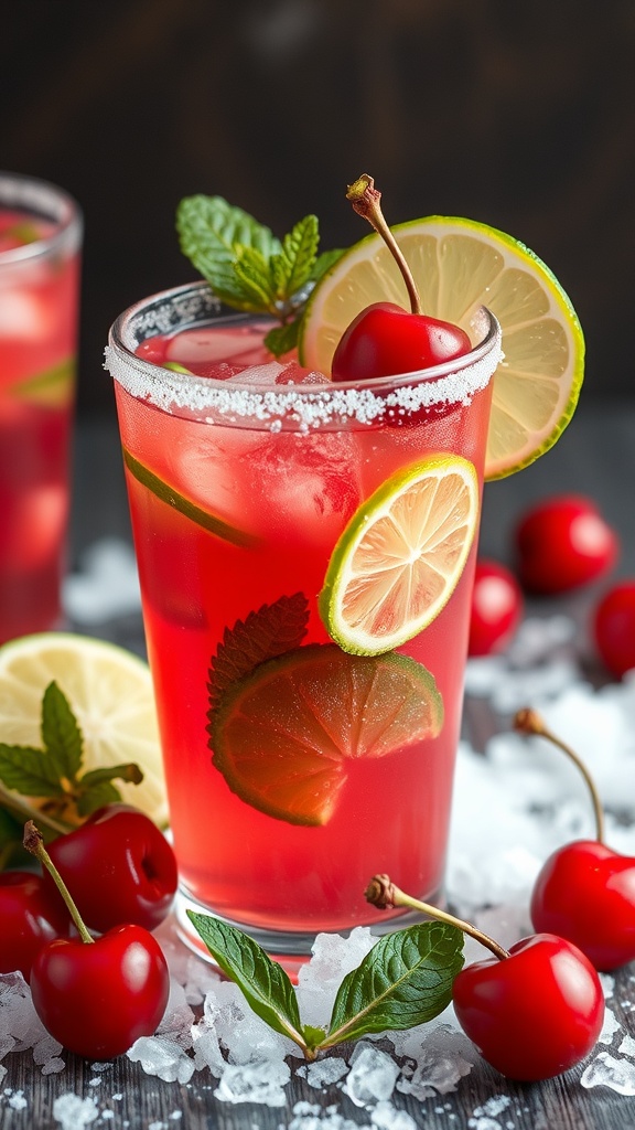 A refreshing Cherry Limeade Mocktail garnished with cherries and lime slices.