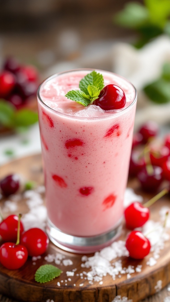 A refreshing Cherry Vanilla Cream Mocktail garnished with a cherry and mint leaves