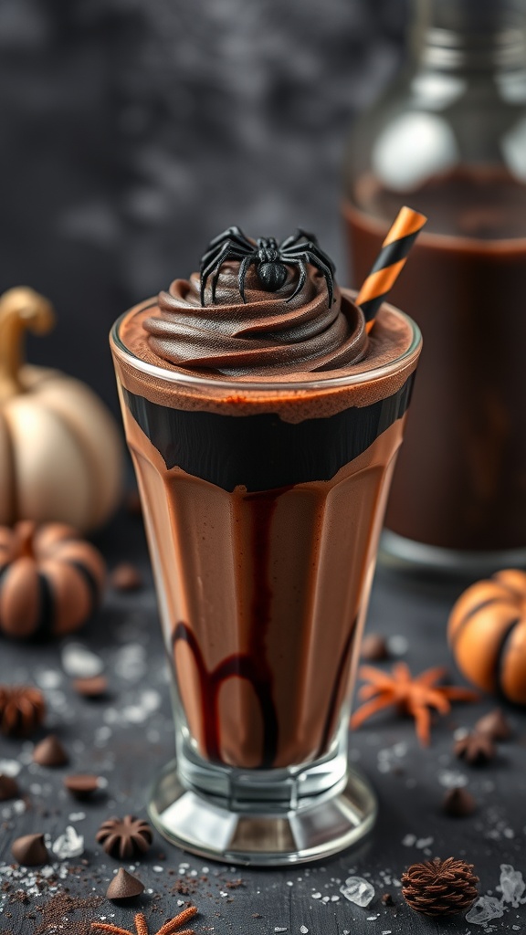 A spooky Chilling Chocolate Mocktail topped with whipped cream and a plastic spider.