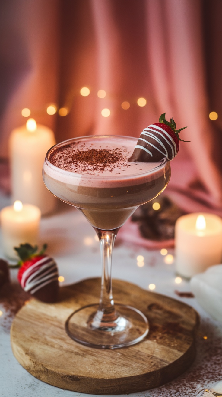 A chocolate-covered strawberry mocktail garnished with a chocolate-dipped strawberry and surrounded by candles.