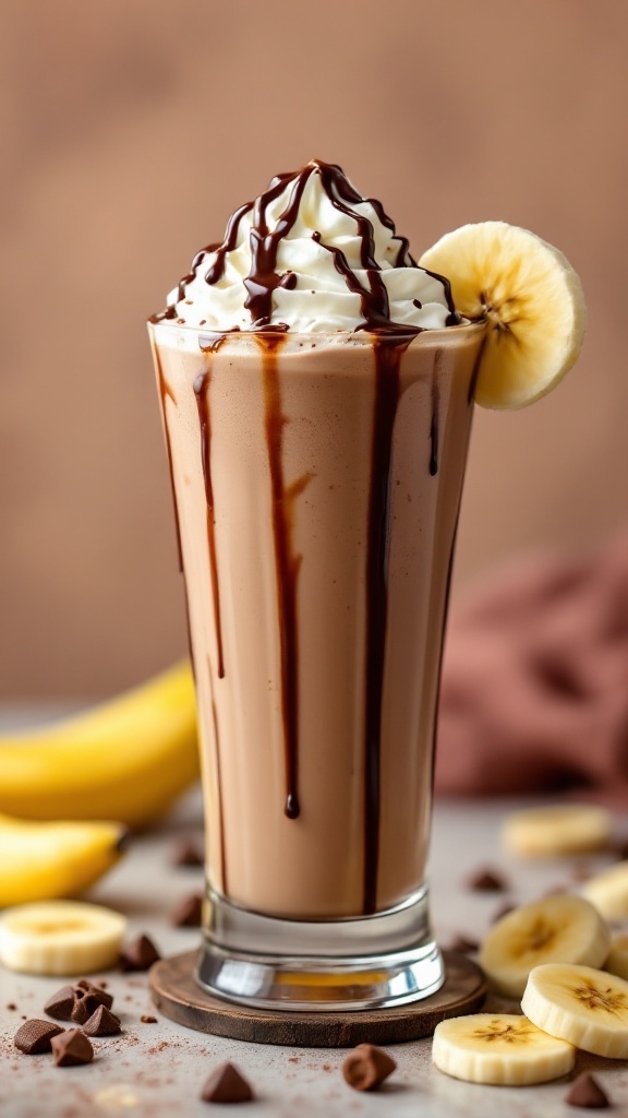 A delicious Chocolate Banana Milkshake Mocktail topped with whipped cream and drizzled with chocolate.