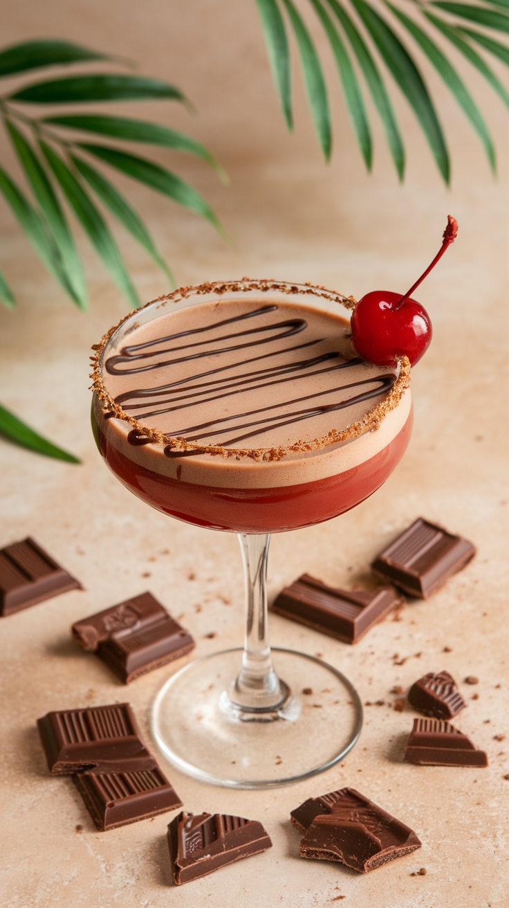 A Chocolate Cherry Mocktail garnished with a cherry and chocolate drizzle, surrounded by chocolate pieces.