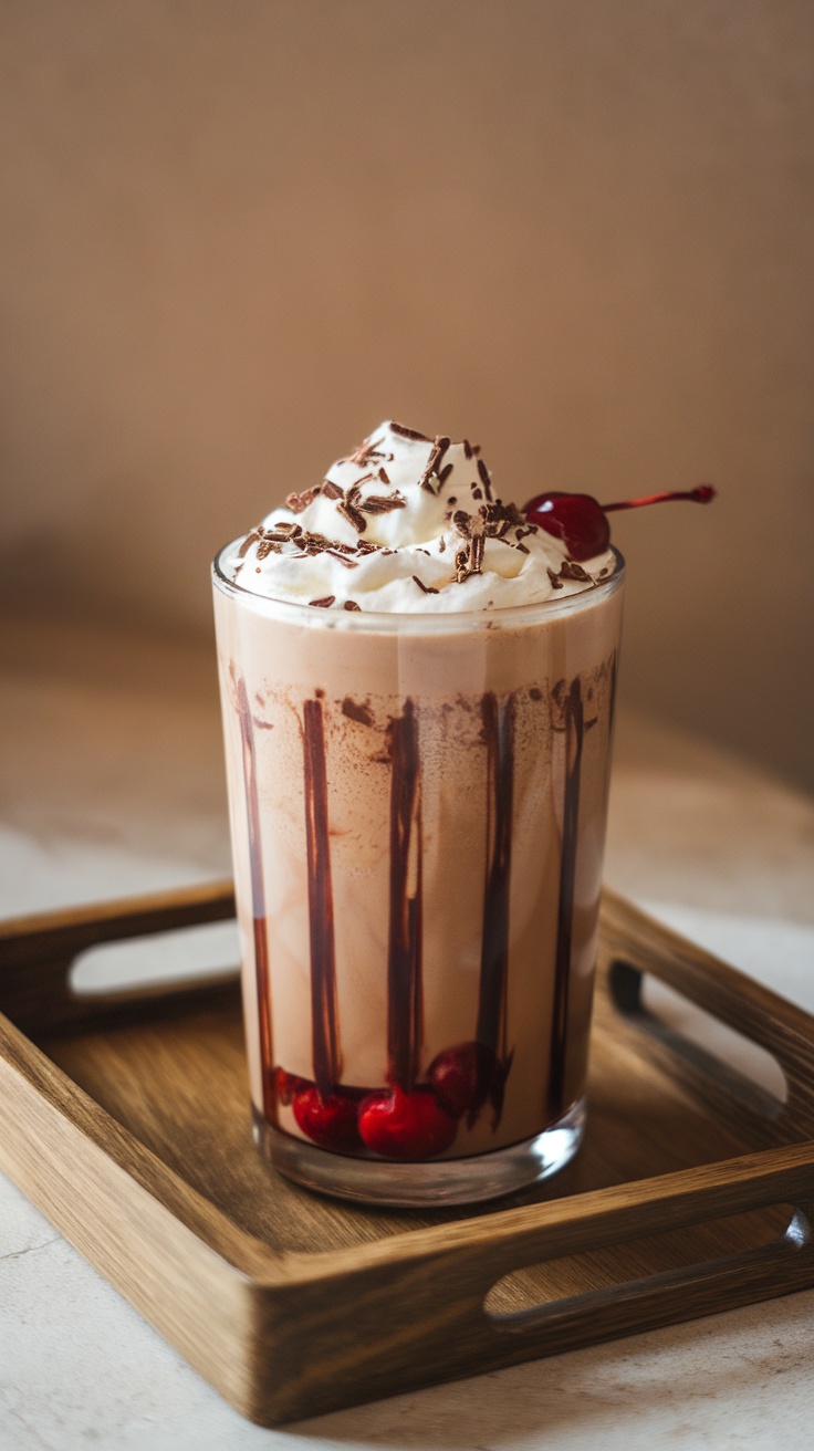 A delicious chocolate hazelnut mocktail topped with whipped cream and a cherry.