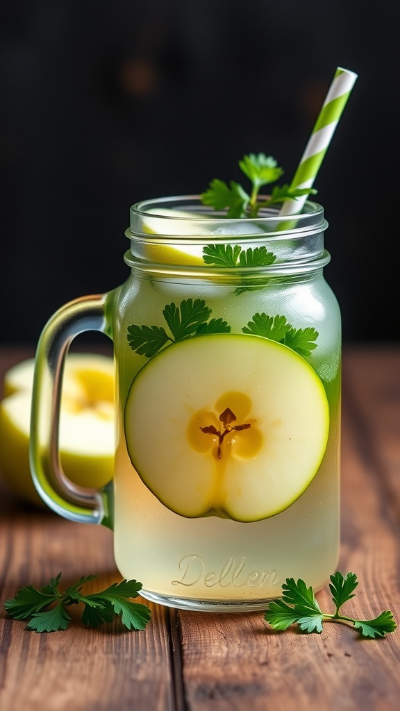 A refreshing jar of Cilantro-Green Apple Flush Juice with green apple slices and cilantro