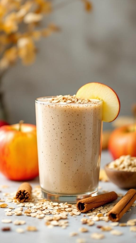 A glass of Cinnamon Apple Oat Smoothie topped with apple slices and oats, surrounded by apples and cinnamon sticks.