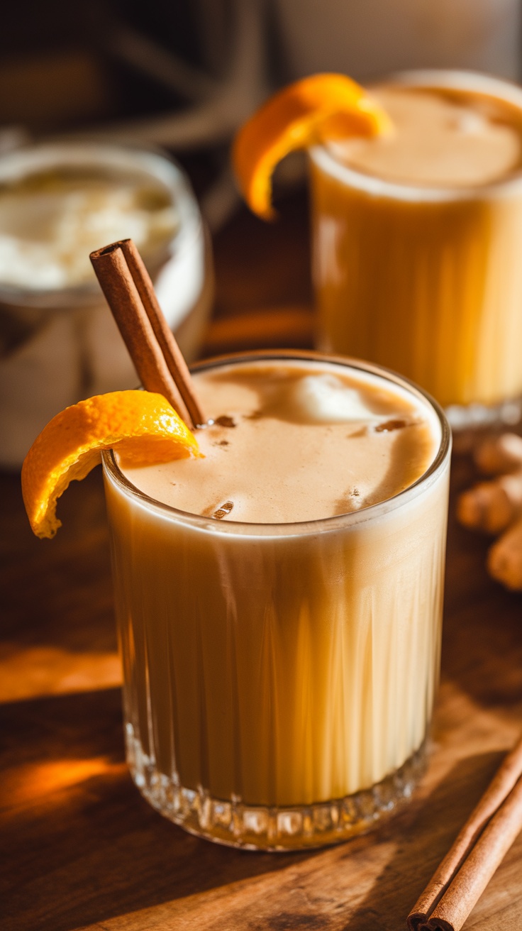 A close-up of a Cinnamon Ginger Twist mocktail garnished with a cinnamon stick and orange slice.