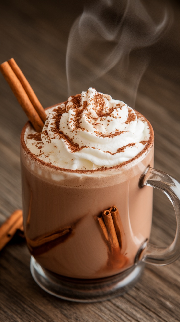 A steaming mug of cinnamon hot chocolate topped with whipped cream and cinnamon sticks.