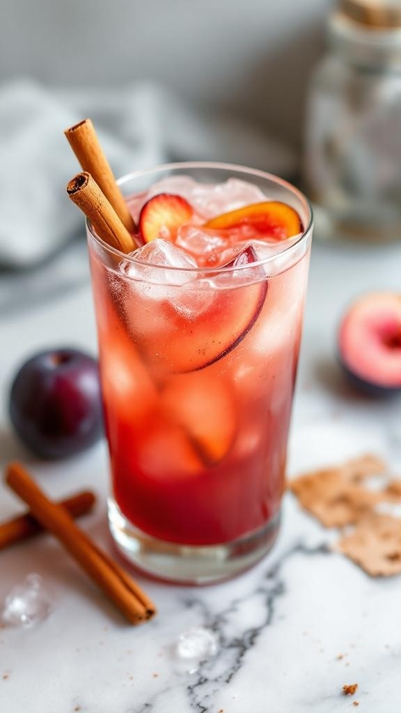 A refreshing Cinnamon Plum Fizz Mocktail in a glass with ice and garnished with cinnamon sticks.